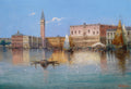 Pintura a óleo de Veneza com o Grande Canal, o Palácio Ducal e a Torre do Campanário de São Marcos ao fundo. Gôndolas e veleiros flutuam na água azul-esverdeada, sob um céu claro com algumas nuvens brancas. A luz reflete nos edifícios históricos e na superfície da água.
