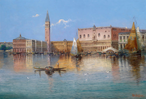 Pintura a óleo de Veneza com o Grande Canal, o Palácio Ducal e a Torre do Campanário de São Marcos ao fundo. Gôndolas e veleiros flutuam na água azul-esverdeada, sob um céu claro com algumas nuvens brancas. A luz reflete nos edifícios históricos e na superfície da água.