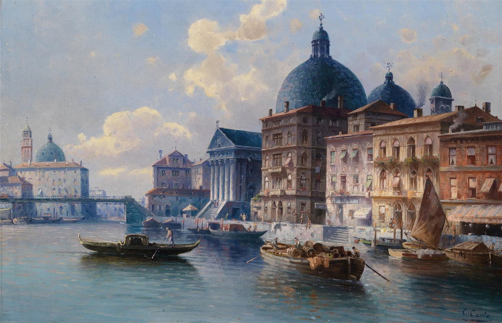 Pintura a óleo de Karl Kaufmann retratando o Grande Canal de Veneza com barcos e edifícios históricos sob um céu azul claro com nuvens.