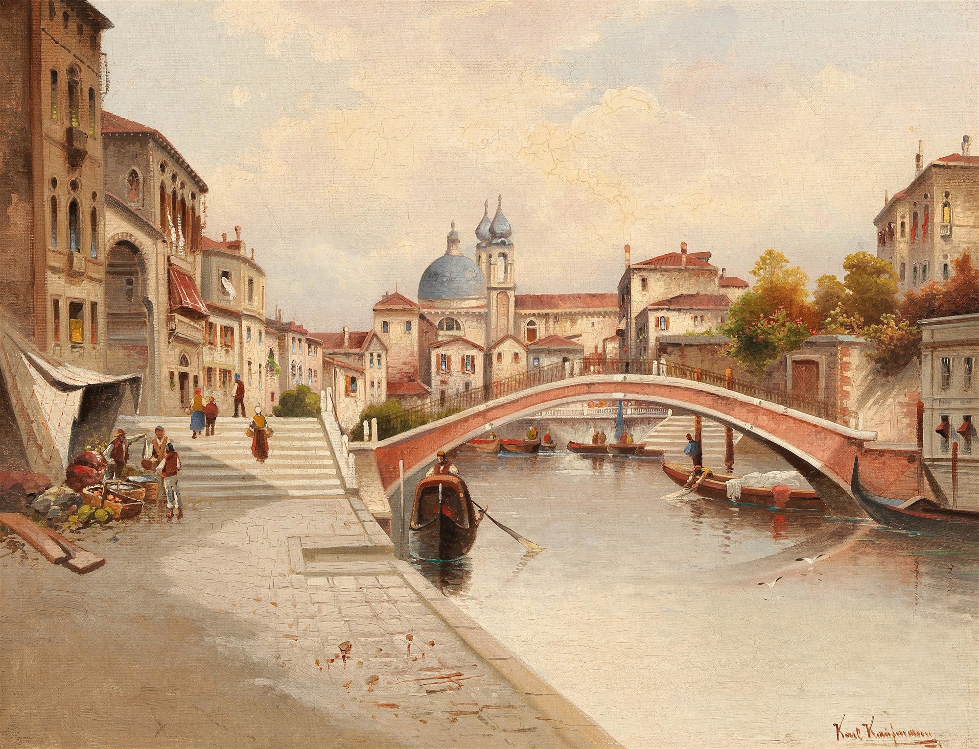 Pintura a óleo de Karl Kaufmann retratando um canal veneziano com uma ponte arqueada, gôndolas e edifícios históricos sob um céu claro.