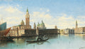Quadro decorativo mostrando uma vista panorâmica de Veneza, com o Grande Canal, gôndolas, e edifícios históricos como a Basílica de Santa Maria della Salute e o Campanário de São Marcos, sob um céu azul claro.