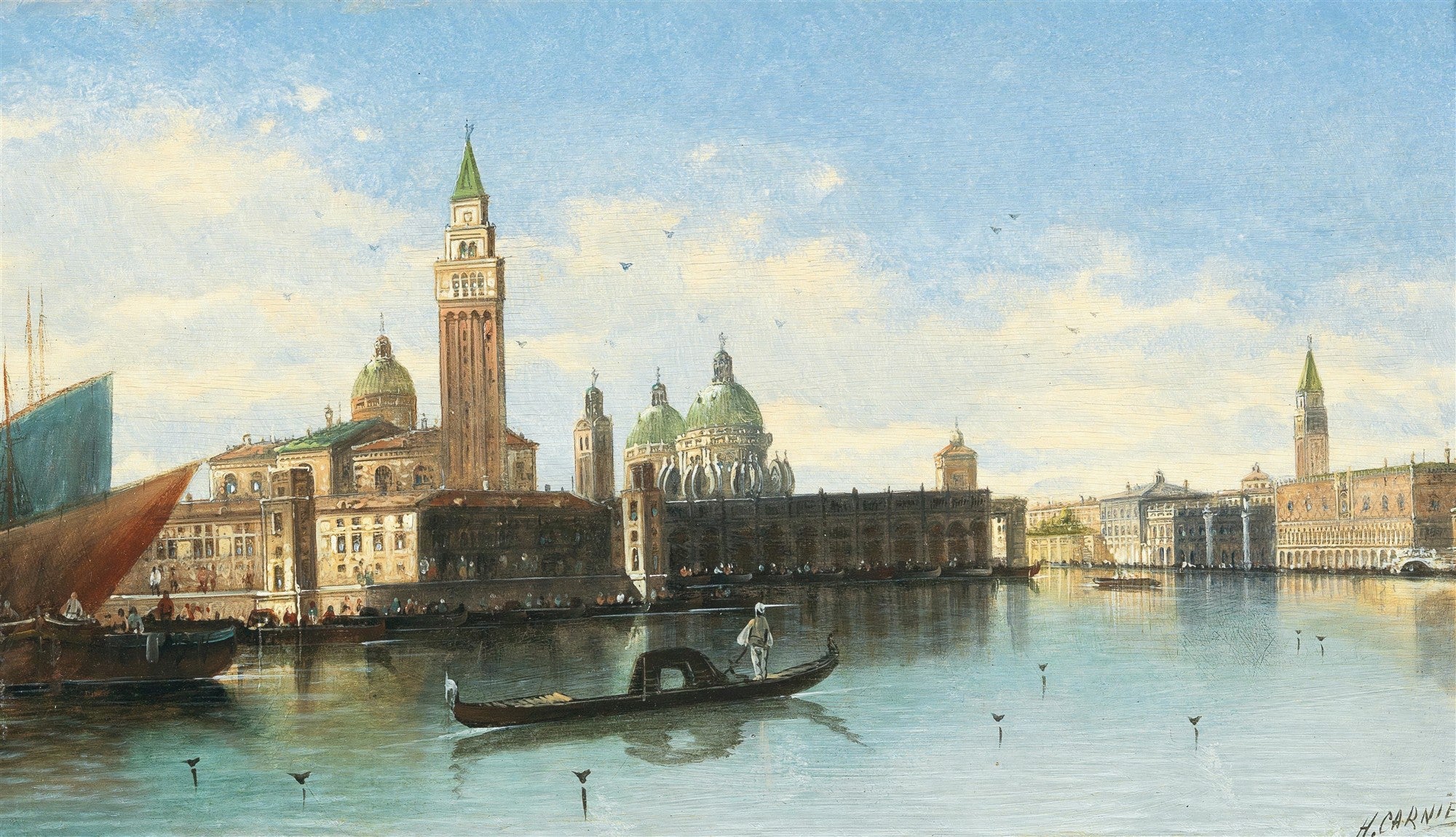 Quadro decorativo mostrando uma vista panorâmica de Veneza, com o Grande Canal, gôndolas, e edifícios históricos como a Basílica de Santa Maria della Salute e o Campanário de São Marcos, sob um céu azul claro.