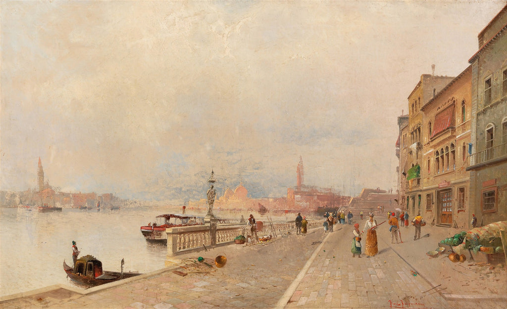 Pintura a óleo de Karl Kaufmann retratando um canal movimentado de Veneza com edifícios históricos e figuras à beira-mar, sob um céu claro e suave.