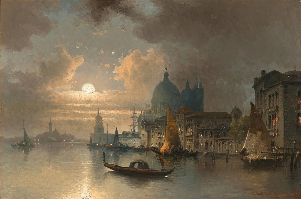 Pintura a óleo de Veneza à noite, com luz da lua refletindo no canal, gôndolas e edifícios históricos como a Basílica de Santa Maria della Salute ao fundo, sob um céu com nuvens escuras. Atribuída a Karl Kaufmann.