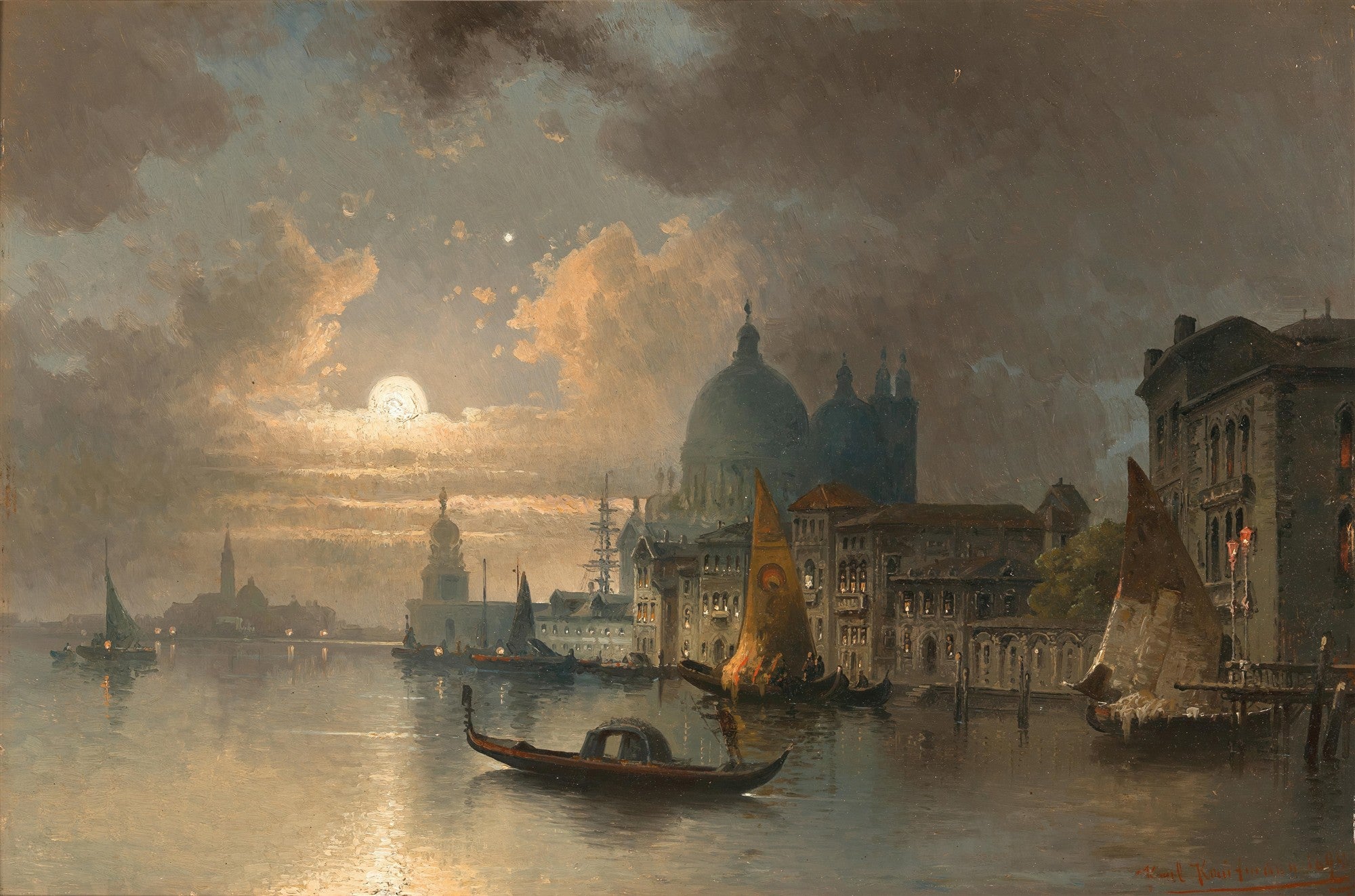 Pintura a óleo de Veneza à noite, com luz da lua refletindo no canal, gôndolas e edifícios históricos como a Basílica de Santa Maria della Salute ao fundo, sob um céu com nuvens escuras. Atribuída a Karl Kaufmann.