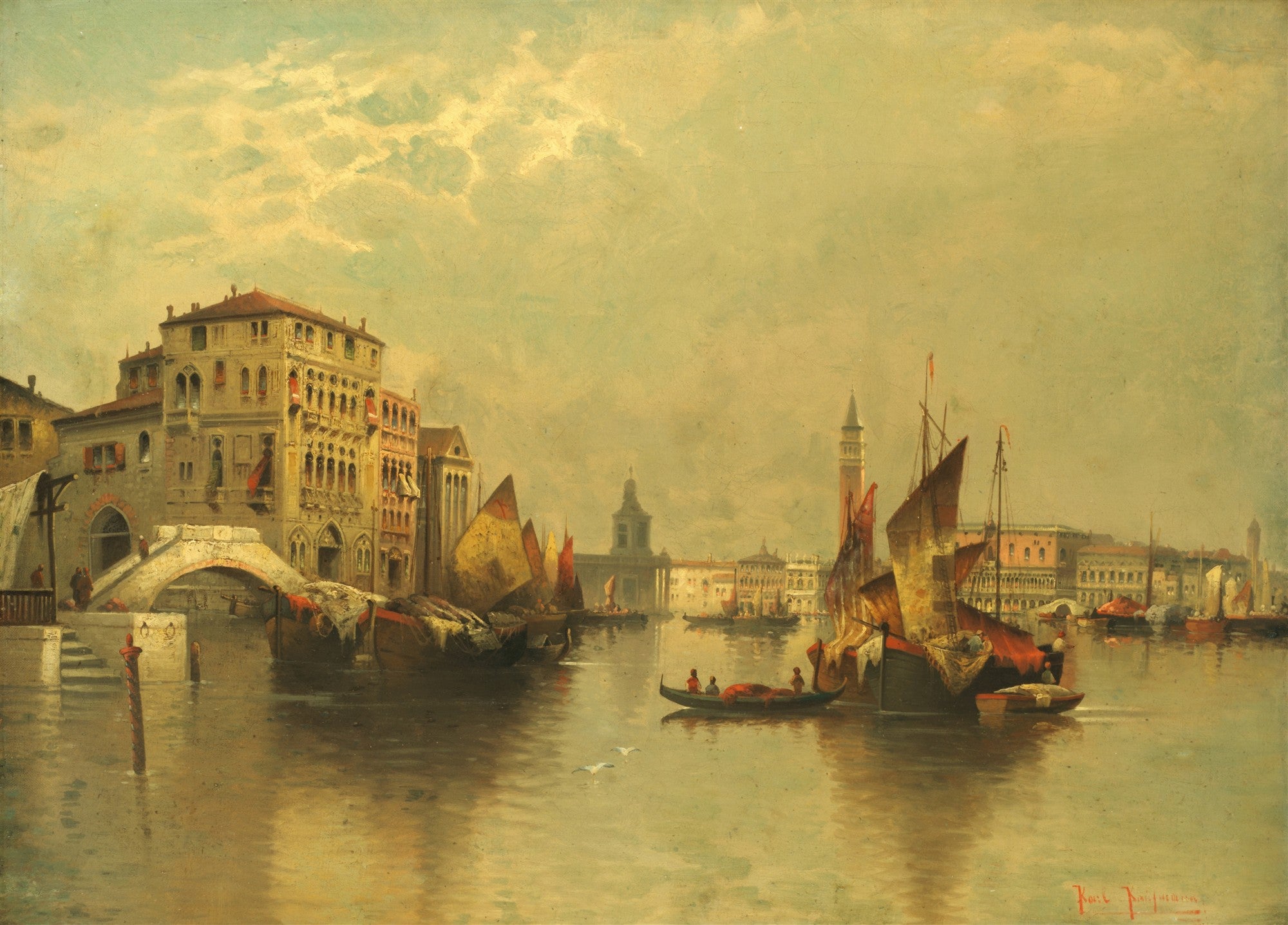 Uma pintura a óleo de um canal veneziano com edifícios antigos, pontes e barcos a remo e a vela flutuando na água. O céu está nublado com tons amarelados, e a luz do sol reflete na superfície da água.