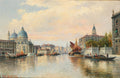 Pintura a óleo de Karl Kaufmann retratando o Grande Canal de Veneza ao entardecer, com barcos e a Basílica de Santa Maria della Salute ao fundo, sob um céu alaranjado e nuvens claras.