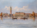 Pintura a óleo de Karl Kaufmann mostrando uma vista panorâmica de Veneza com o Grande Canal, gôndolas, edifícios históricos como o Palácio Ducal e o Campanário de São Marcos sob um céu azul com nuvens brancas, refletindo na água.