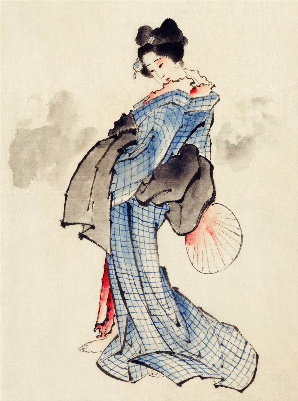 Quadro decorativo mostrando uma gueixa japonesa em quimono azul quadriculado e xale preto, com um leque, em estilo aquarela de Hokusai.