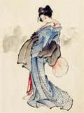 Quadro decorativo mostrando uma gueixa japonesa em quimono azul quadriculado e xale preto, com um leque, em estilo aquarela de Hokusai.