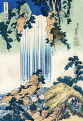 Xilogravura japonesa de Hokusai, A Cachoeira de Yoshitsune, mostrando uma cachoeira azul, montanhas e figuras humanas em uma paisagem natural.