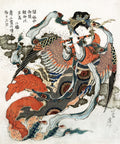 Xilogravura colorida japonesa de uma figura alada com cabeça humana, corpo de pássaro e flauta, flutuando em um céu nublado, por Hokusai.