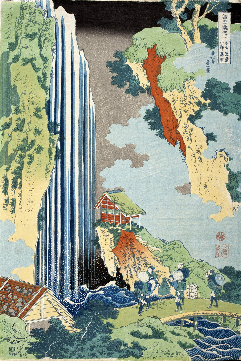 Xilogravura japonesa colorida de Katsushika Hokusai, 'A Cascata de Kirifuri', mostrando uma imponente cascata branca e azul caindo de um penhasco verde e rochoso, com pequenas figuras humanas e casas em primeiro plano, sobre um rio azul.