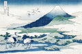 Xilogravura japonesa de Katsushika Hokusai, 'As Garças de Umegaoka', mostrando o Monte Fuji, nuvens e garças em tons de azul e verde