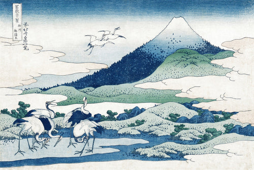 Xilogravura japonesa de Katsushika Hokusai, 'As Garças de Umegaoka', mostrando o Monte Fuji, nuvens e garças em tons de azul e verde
