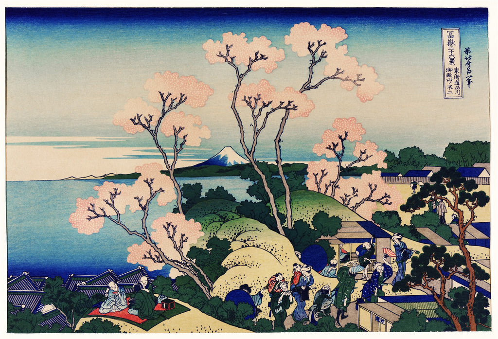 Quadro decorativo com gravura japonesa colorida de Katsushika Hokusai, mostrando cerejeiras em flor, o Monte Fuji ao fundo, um lago e figuras humanas em uma enseada.