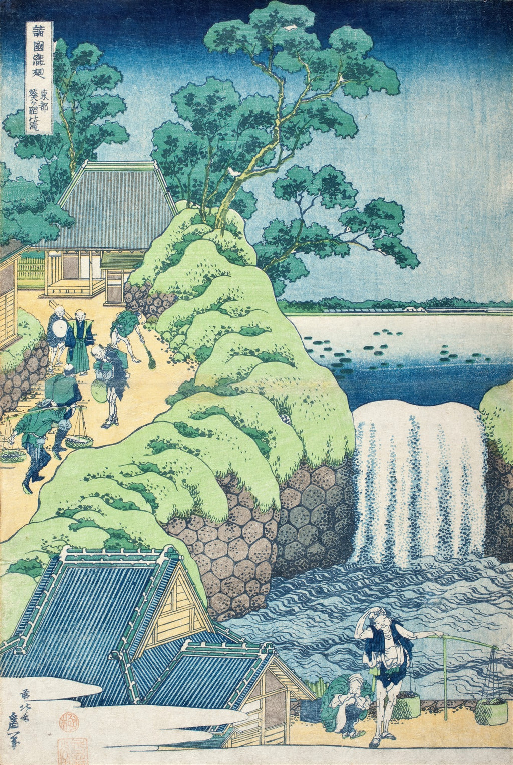 Quadro decorativo da obra 'A Cachoeira de Amida em Kisokaido' de Katsushika Hokusai, mostrando uma cachoeira imponente, figuras humanas e vegetação exuberante em estilo ukiyo-e.