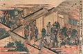 Quadro decorativo com gravura japonesa de Hokusai, representando uma rua movimentada de Shin-Yoshiwara, com pessoas em kimonos, edifícios tradicionais e telhados. Predominam tons de pêssego, azul-petróleo e marrom.