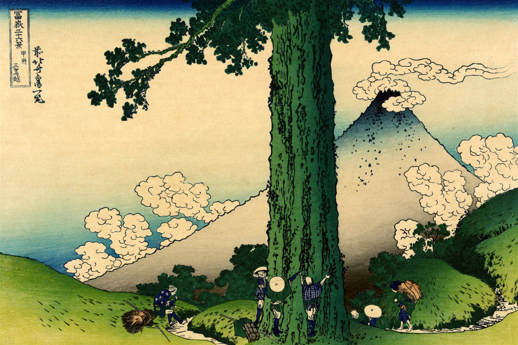 Quadro decorativo da xilogravura japonesa de Hokusai, mostrando uma grande árvore verde em primeiro plano e o Monte Fuji ao fundo com nuvens.