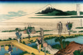 Gravura japonesa colorida de Hokusai mostrando pessoas em uma ponte com o Monte Fuji ao fundo.