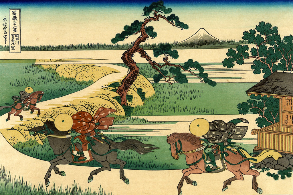 Quadro decorativo Hodogaya de Hokusai, mostrando cavaleiros em estrada com Monte Fuji ao fundo, em estilo Ukiyo-e.