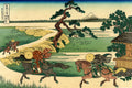 Quadro decorativo Hodogaya de Hokusai, mostrando cavaleiros em estrada com Monte Fuji ao fundo, em estilo Ukiyo-e.