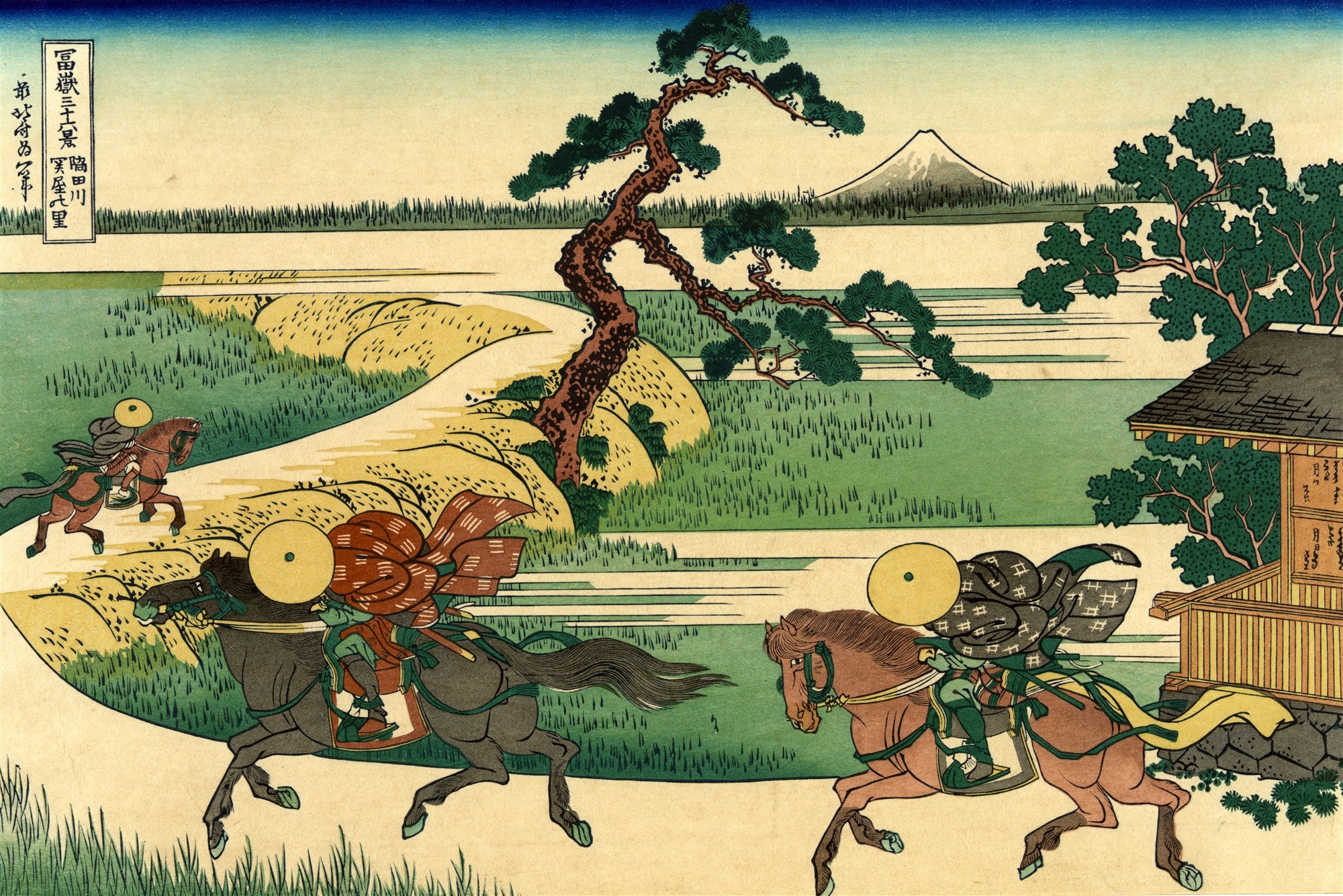 Quadro decorativo Hodogaya de Hokusai, mostrando cavaleiros em estrada com Monte Fuji ao fundo, em estilo Ukiyo-e.