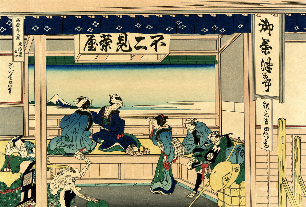 Quadro decorativo da xilogravura 'A Casa de Chá de Yoshida' de Hokusai, mostrando pessoas em uma casa de chá japonesa com o Monte Fuji ao fundo.