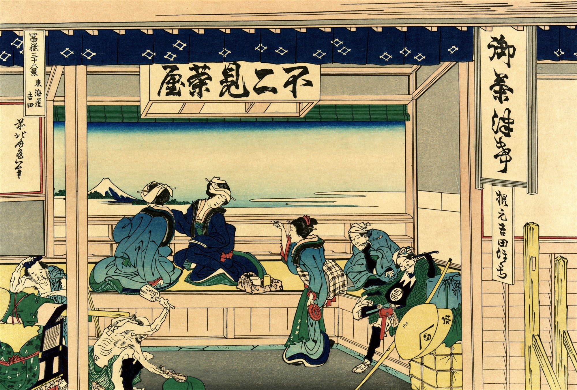 Quadro decorativo da xilogravura 'A Casa de Chá de Yoshida' de Hokusai, mostrando pessoas em uma casa de chá japonesa com o Monte Fuji ao fundo.