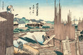 Quadro decorativo japonês de Hokusai, 'A Ponte Eitai em Edo', mostrando trabalhadores, casas e o Monte Fuji ao fundo.