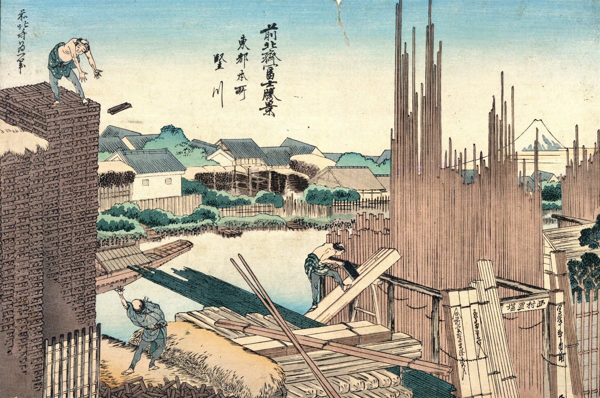Quadro decorativo japonês de Hokusai, 'A Ponte Eitai em Edo', mostrando trabalhadores, casas e o Monte Fuji ao fundo.