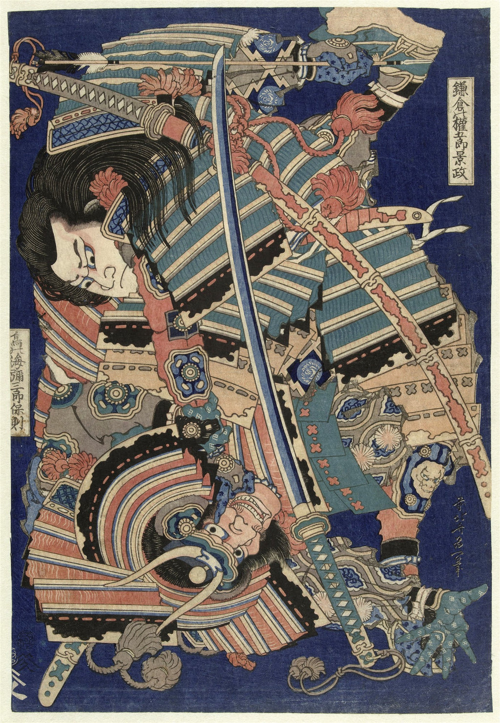 Quadro decorativo mostrando um samurai em armadura completa e colorida, com uma espada na mão, em um fundo azul escuro. Atribuído a Hokusai.