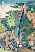 Xilogravura japonesa colorida de Katsushika Hokusai, A Cachoeira de Amida, mostrando uma grande cachoeira em uma montanha rochosa com vegetação exuberante, e figuras humanas interagindo com a água e construções ao redor.