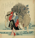 Gravura japonesa colorida de uma mulher de kimono vermelho e azul, guiando um cavalo carregado de feno, em um ambiente natural com vegetação. Estilo Ukiyo-e.