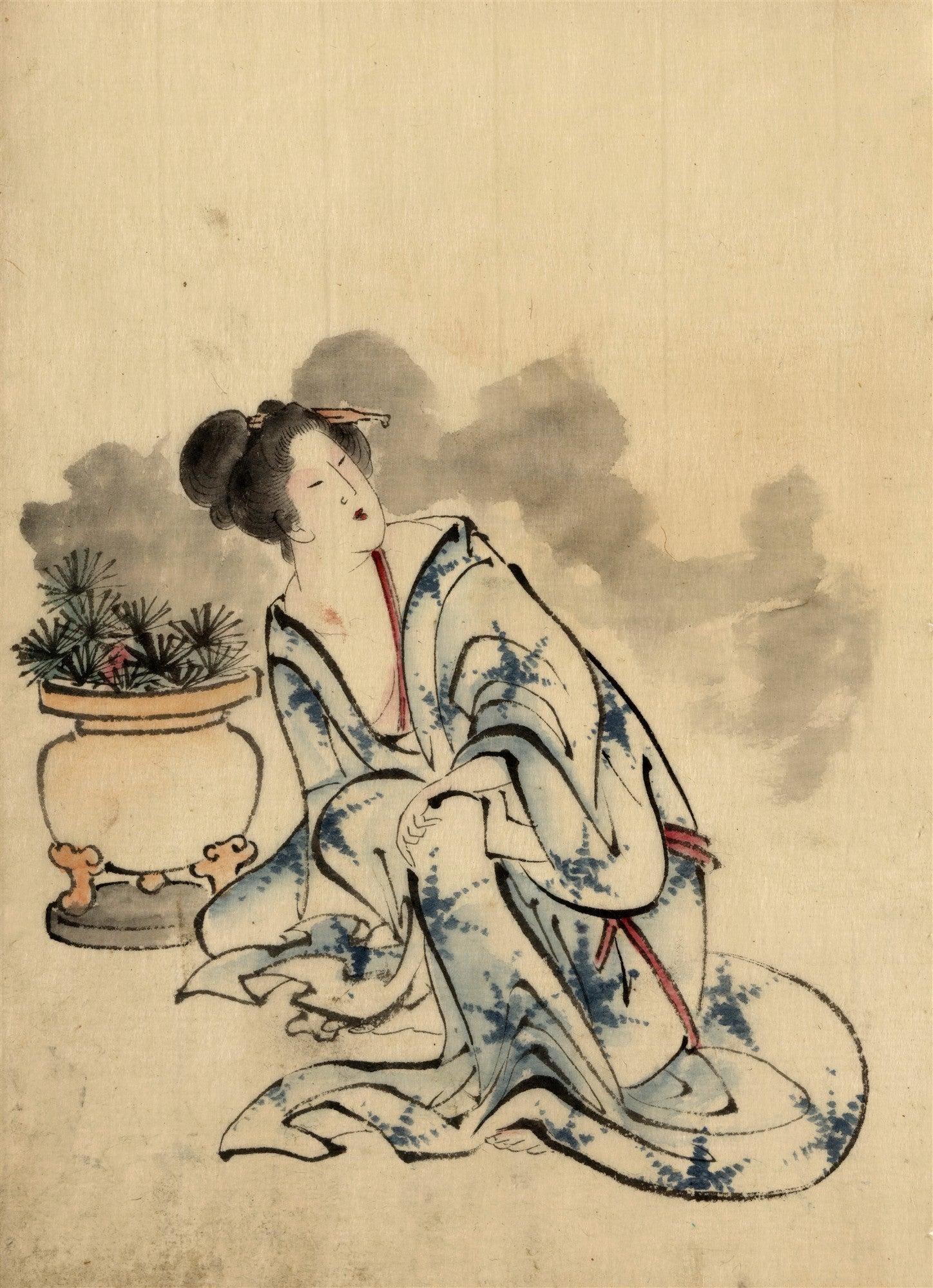 Quadro decorativo mostrando uma mulher japonesa em quimono azul e branco, sentada de lado com uma expressão serena, ao lado de um vaso com pinheiros, no estilo ukiyo-e de Katsushika Hokusai.