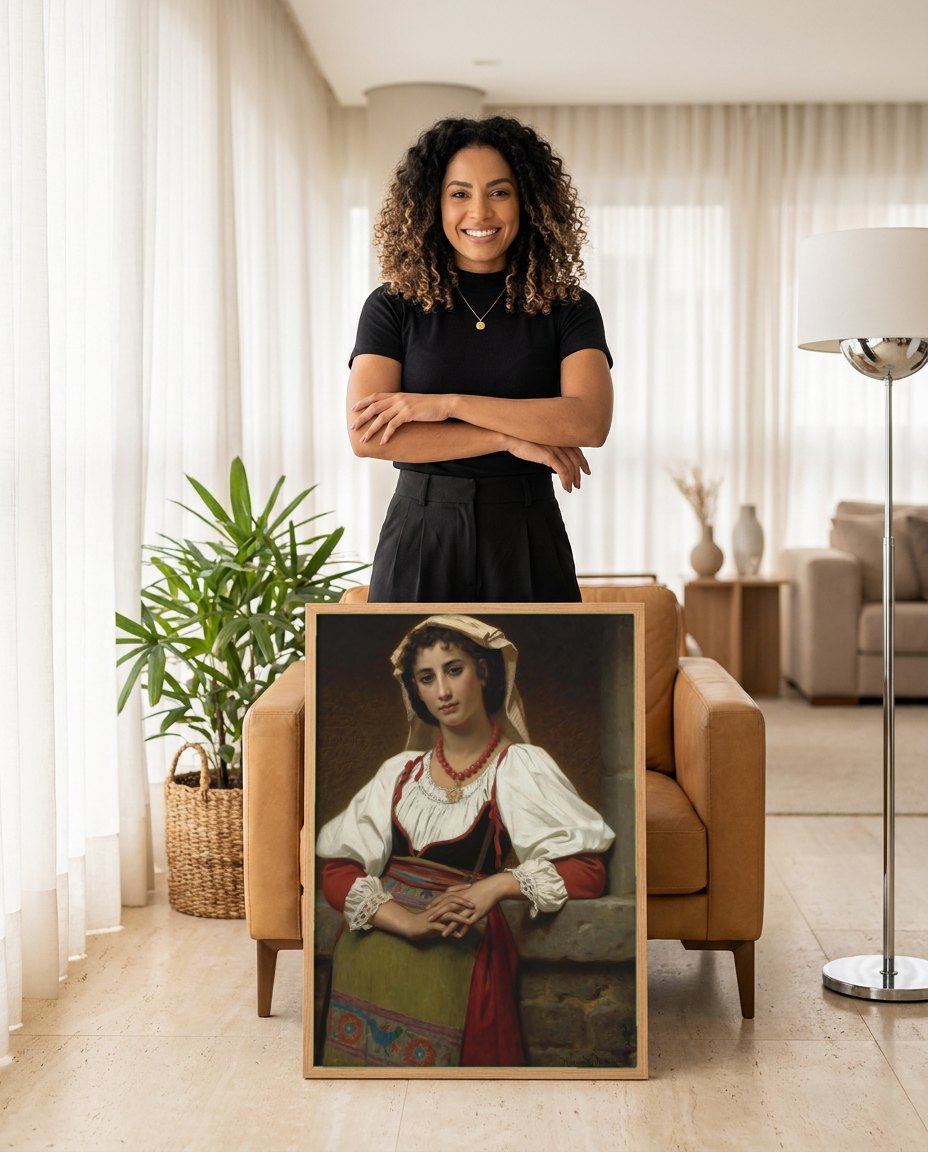 Quadro Decorativo A Italiana - Hugues Merle | modelo apresentando o quadro emoldurado