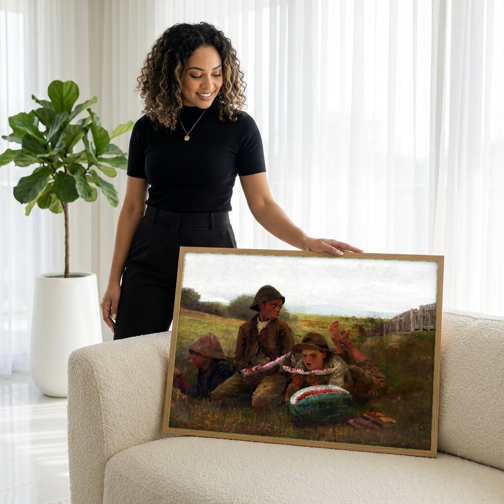 Quadro Decorativo Comendo Melancia - Winslow Homer | modelo apresentando o quadro emoldurado