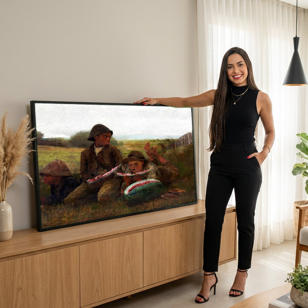 Quadro Decorativo Comendo Melancia - Winslow Homer | modelo apresentando o quadro emoldurado