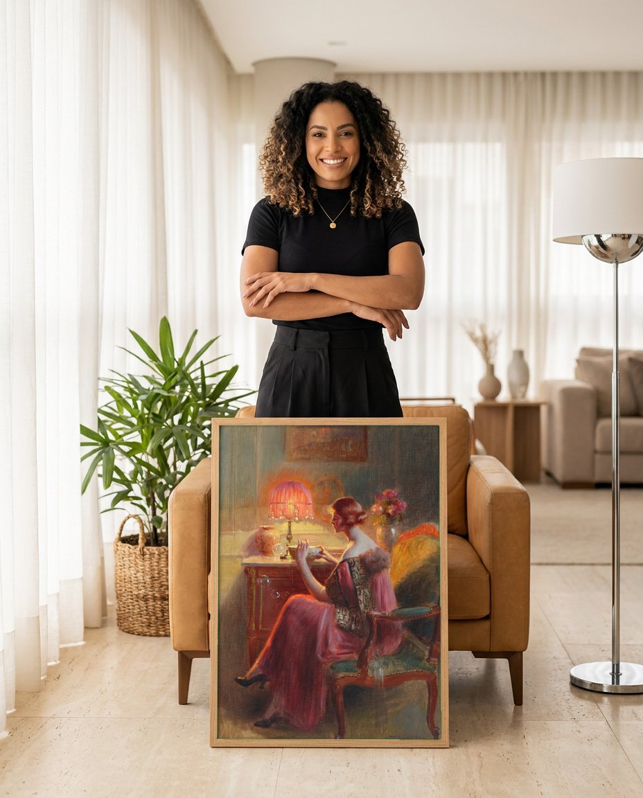 Quadro Decorativo A Dama e a Lâmpada - Delphin Enjolras | modelo apresentando o quadro emoldurado