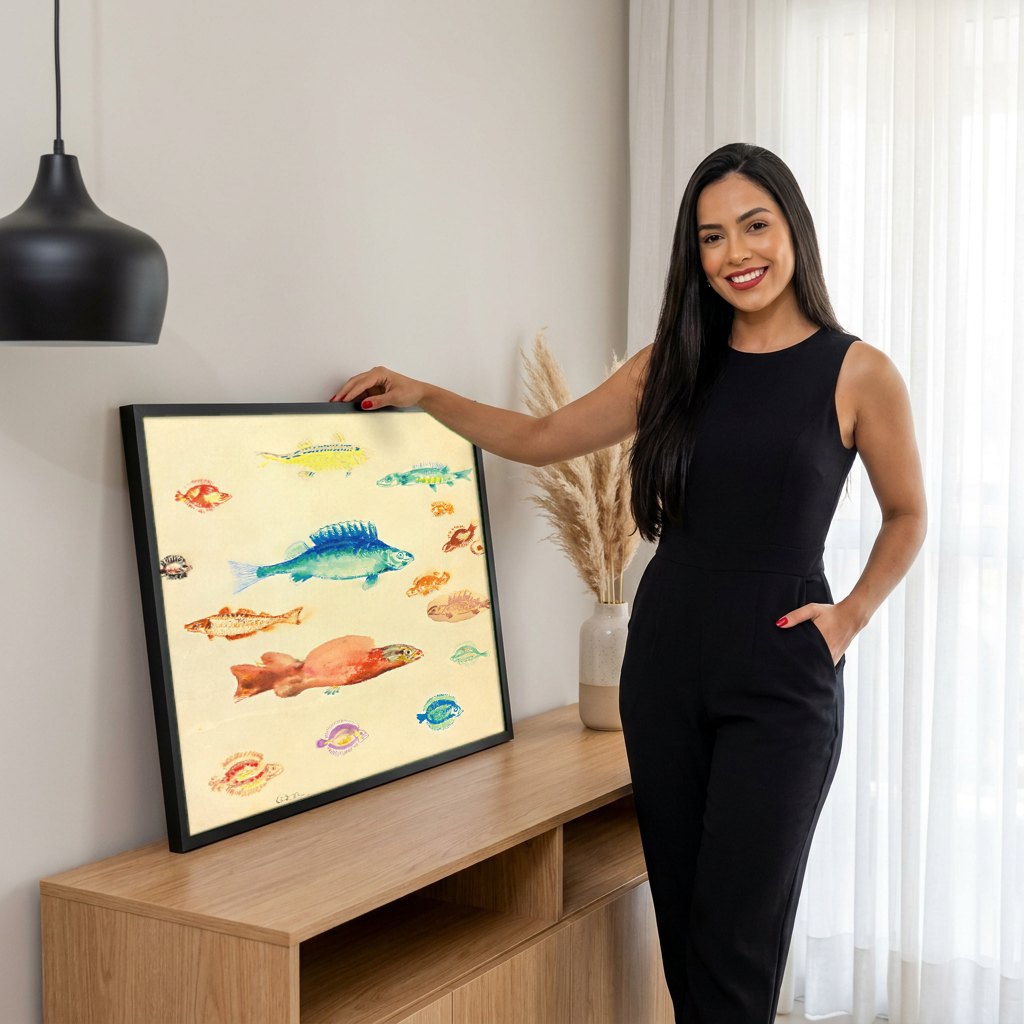Quadro Decorativo Estudos de Peixes - Odilon Redon | modelo apresentando o quadro emoldurado