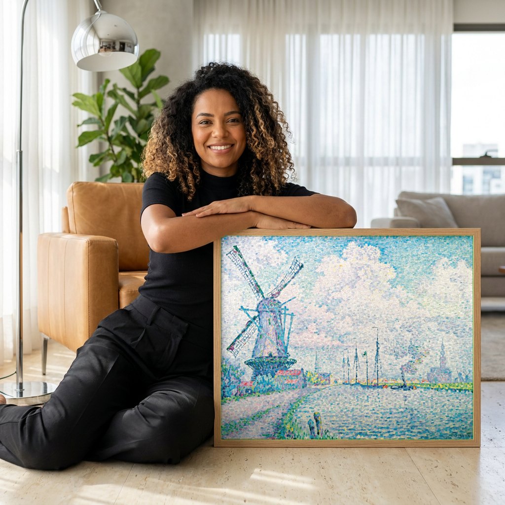 Quadro Decorativo Moinho de Vento na Holanda - Paul Signac | modelo apresentando o quadro emoldurado
