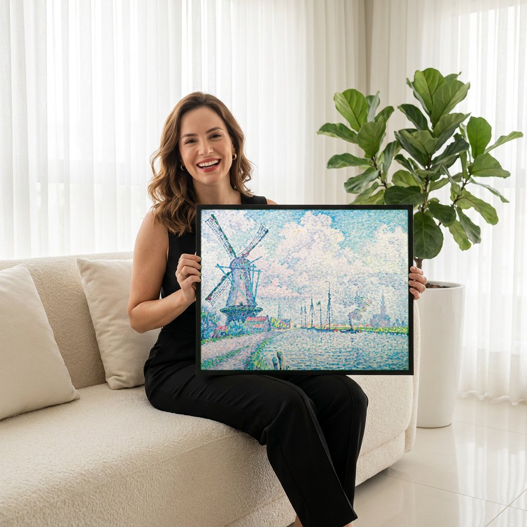 Quadro Decorativo Moinho de Vento na Holanda - Paul Signac | modelo apresentando o quadro emoldurado