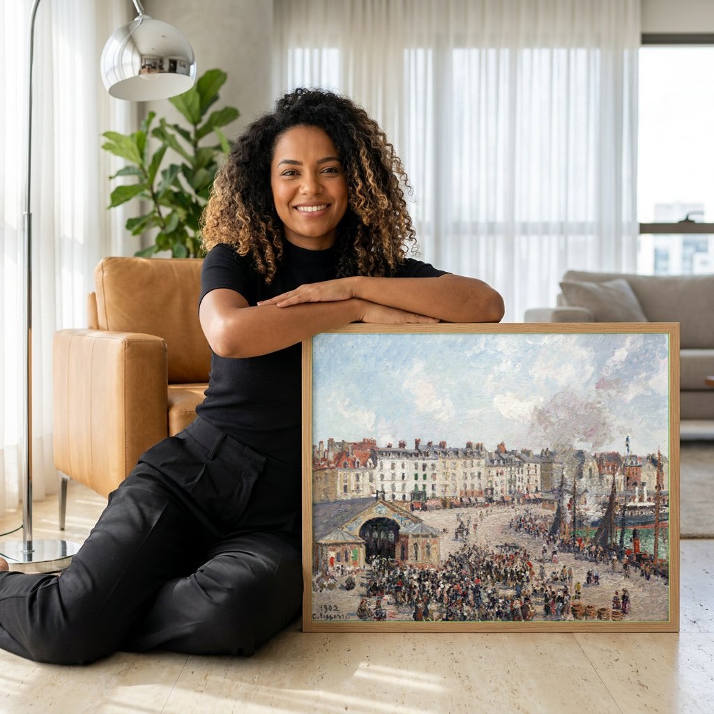 Quadro Decorativo Porto de Dieppe - Camille Pissarro | modelo apresentando o quadro emoldurado