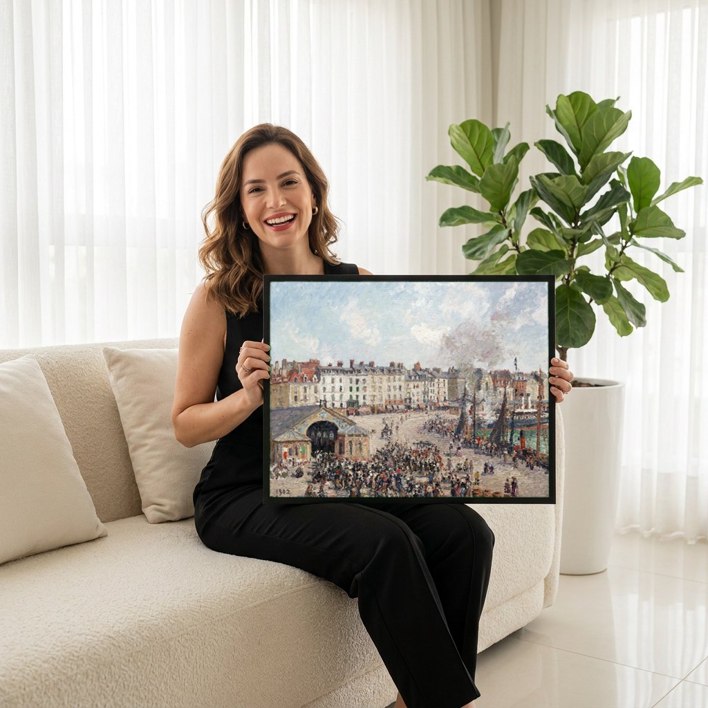 Quadro Decorativo Porto de Dieppe - Camille Pissarro | modelo apresentando o quadro emoldurado