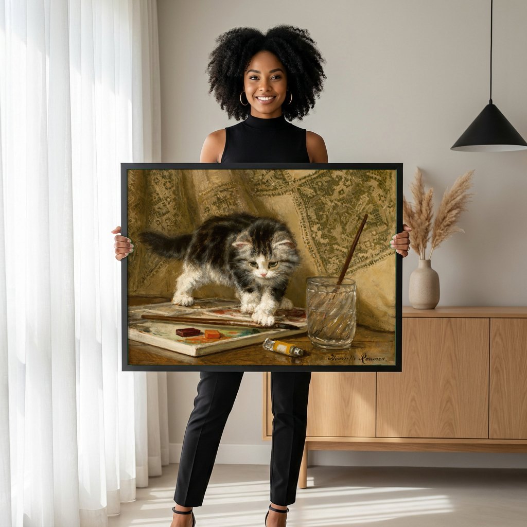 Quadro Decorativo 'Gatinho Curioso na Paleta' - Henriëtte Ronner-Knip | modelo apresentando o quadro emoldurado