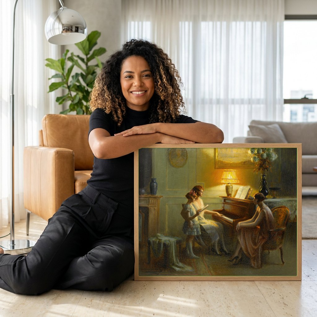 Quadro Decorativo A Seresta Familiar - Delphin Enjolras | modelo apresentando o quadro emoldurado