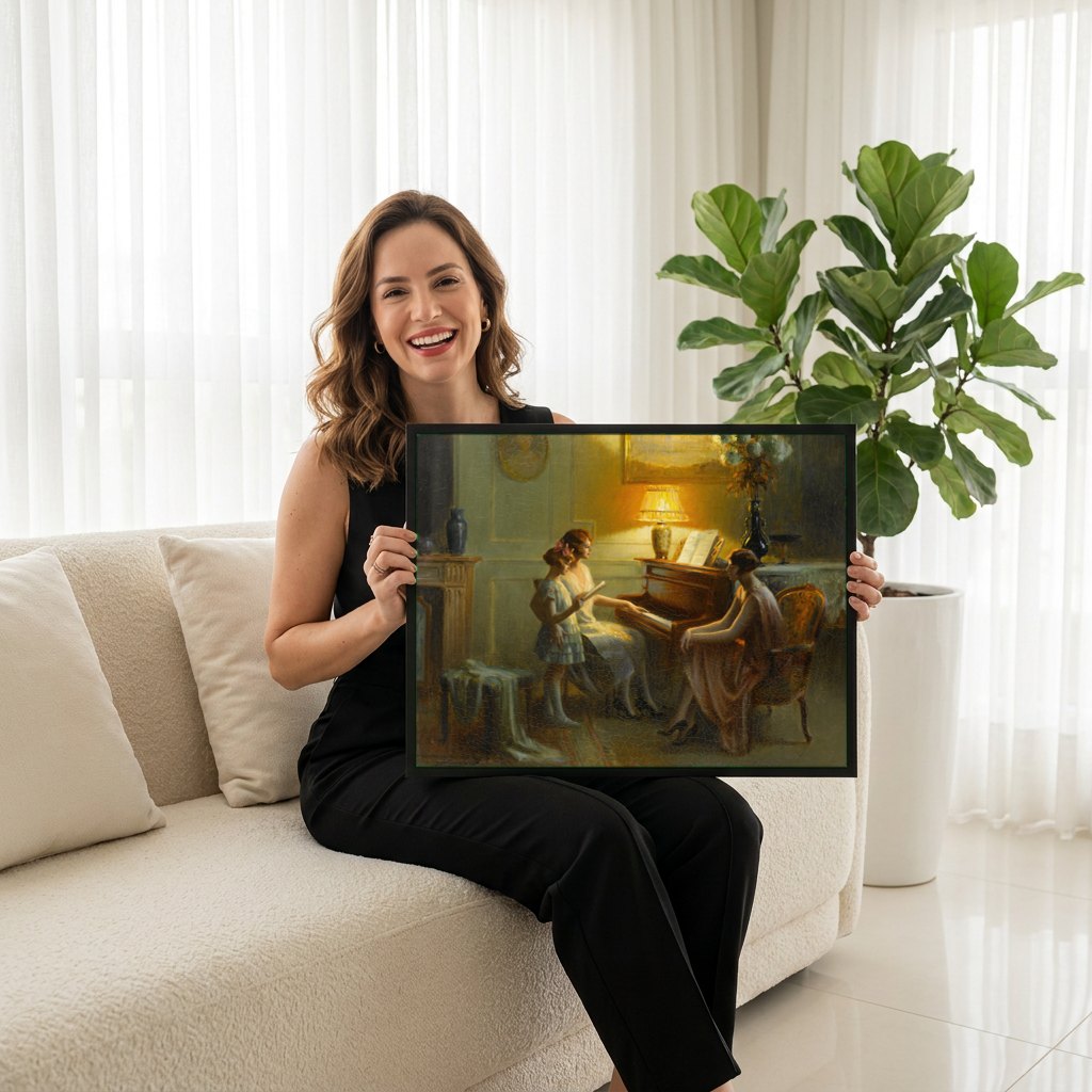 Quadro Decorativo A Seresta Familiar - Delphin Enjolras | modelo apresentando o quadro emoldurado