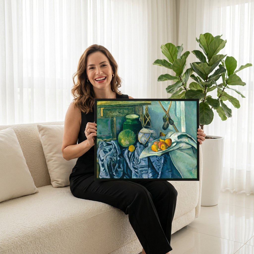 Quadro Decorativo Natureza-Morta com Melancia e Peras - Cézanne | modelo apresentando o quadro emoldurado