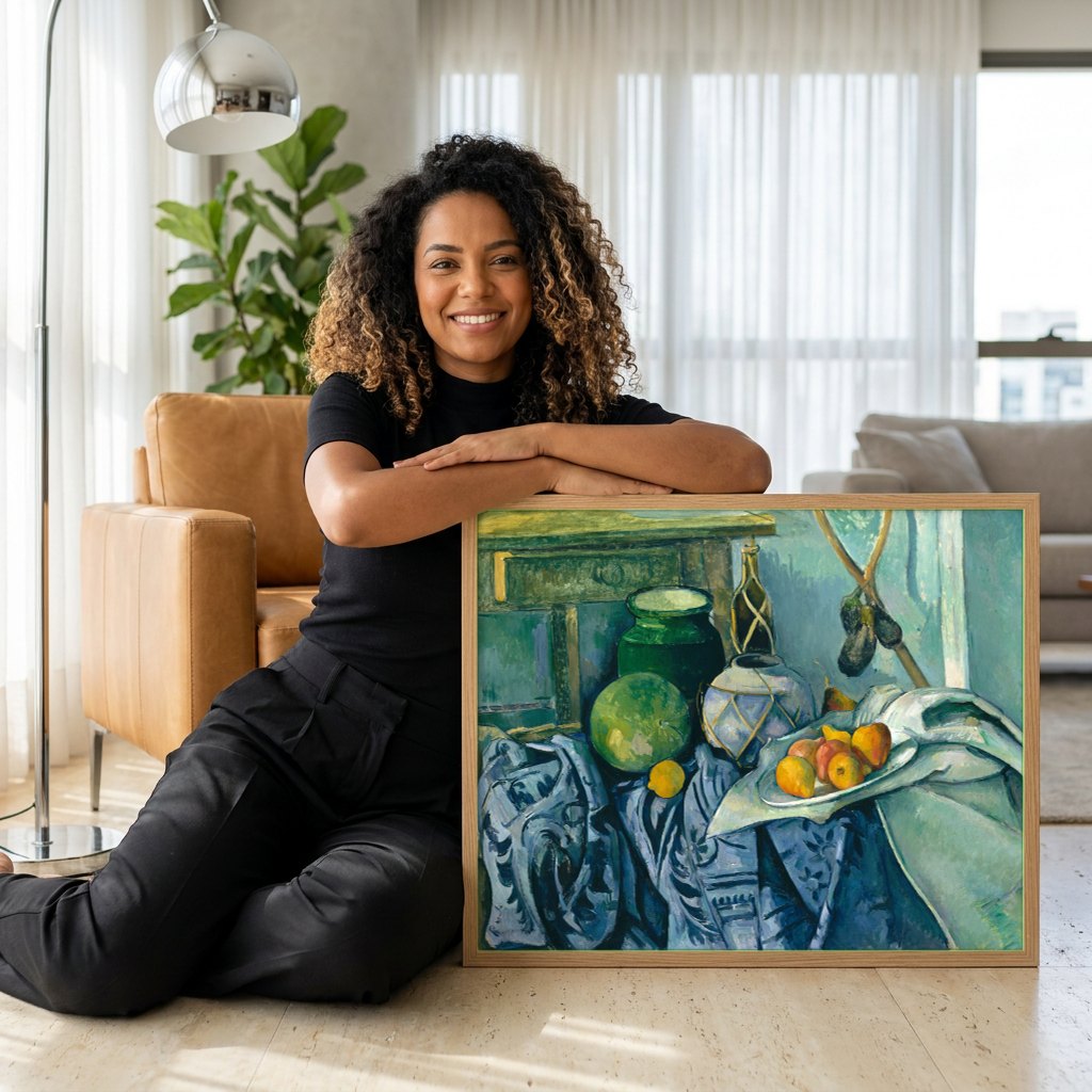 Quadro Decorativo Natureza-Morta com Melancia e Peras - Cézanne | modelo apresentando o quadro emoldurado