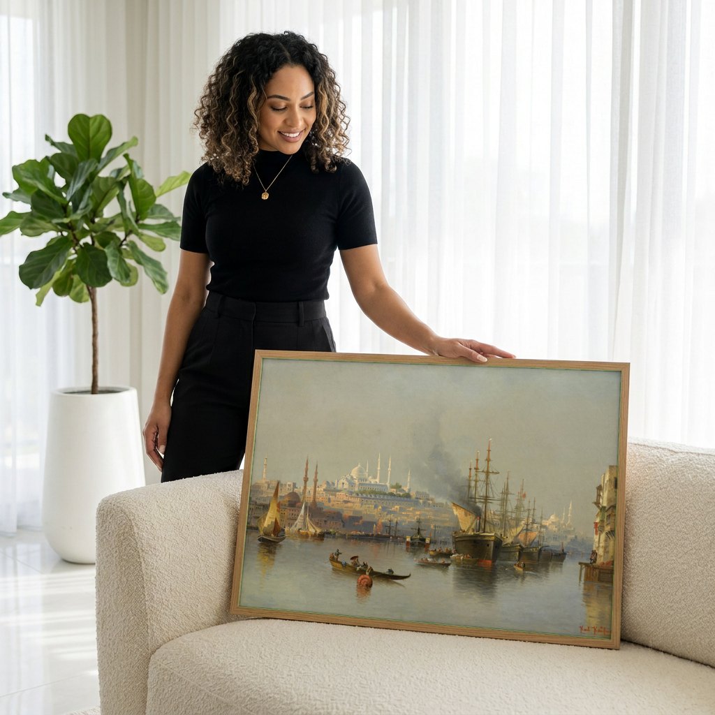 Quadro Decorativo Porto de Constantinopla - Karl Kaufmann | modelo apresentando o quadro emoldurado